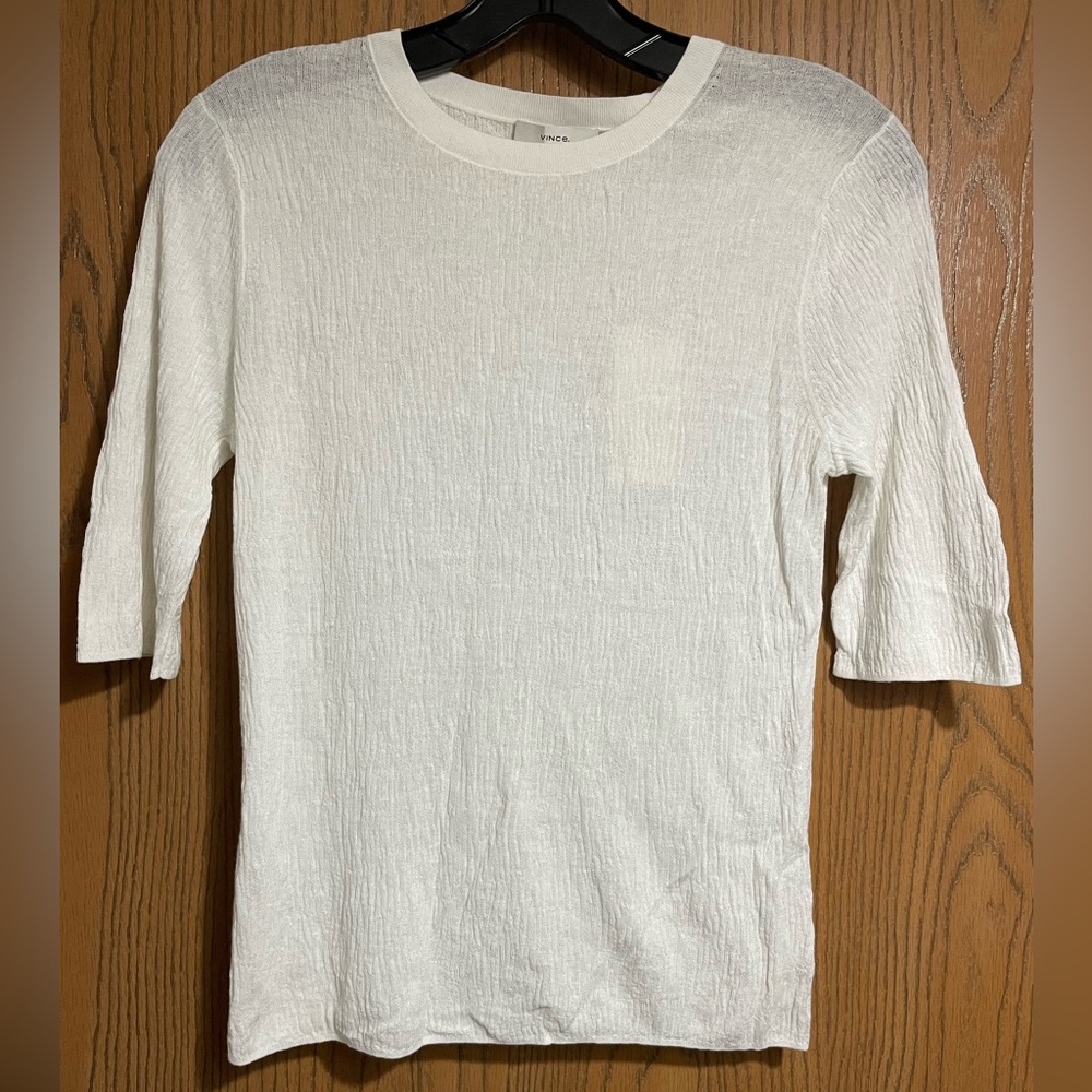 NWT Vince Cream Sheer Textured Knit Top with Elbow Length Sleeves